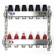 TIM Коллектор с расходомерами KDS006 1&quot; х 6 выходов из нерж. стали(без кранов,возд,слив.) 